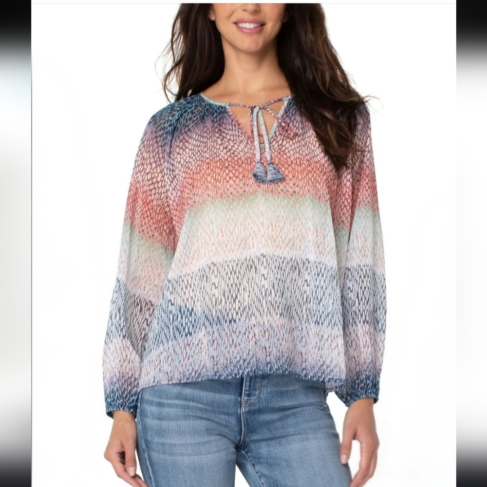 Liverpool Los Angeles Ombre Snake Print Shirred Peasant Top Boho Size Small